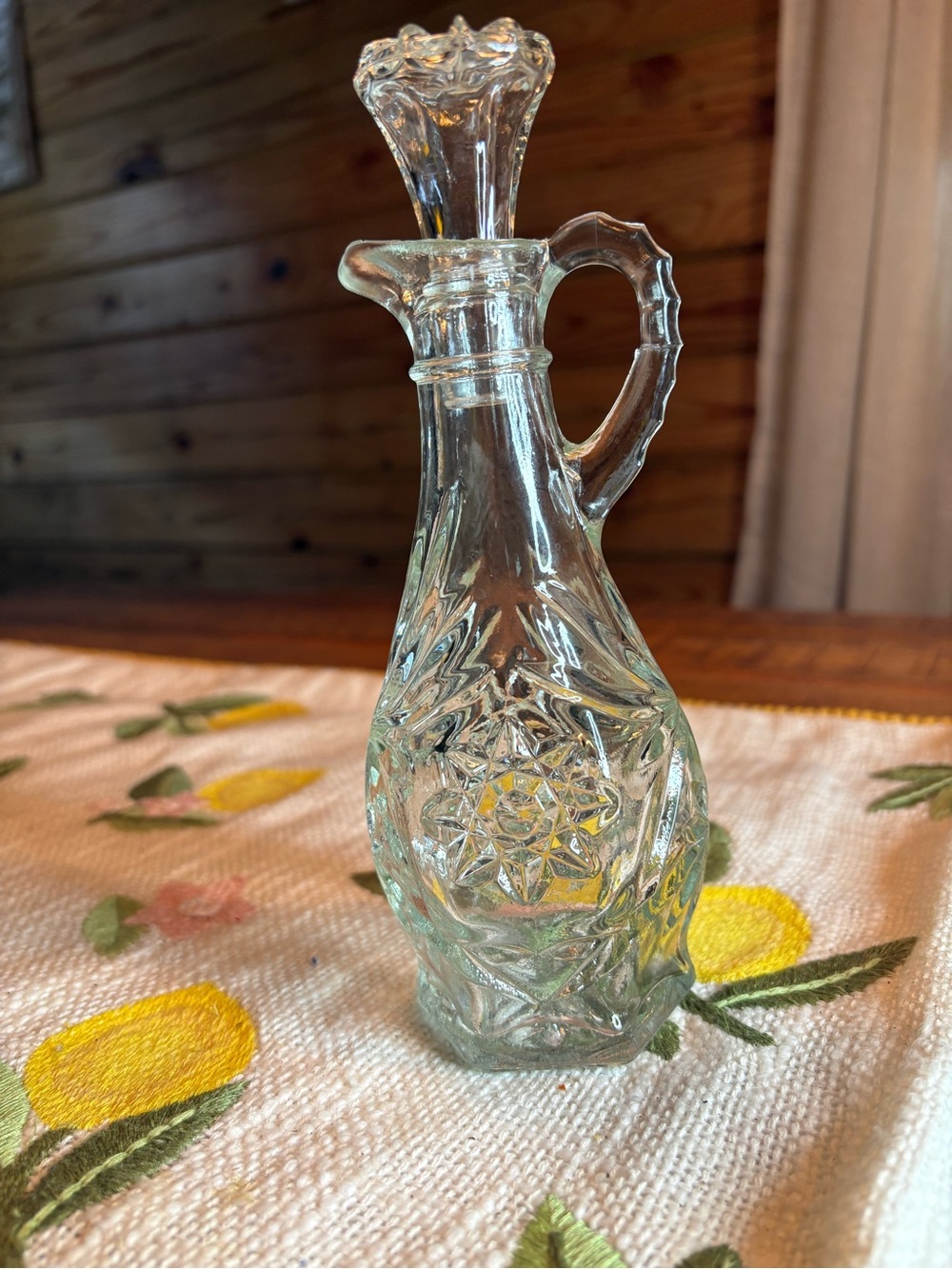 Clear Pressed Glass Cruet with Floral Star Motif - Clear